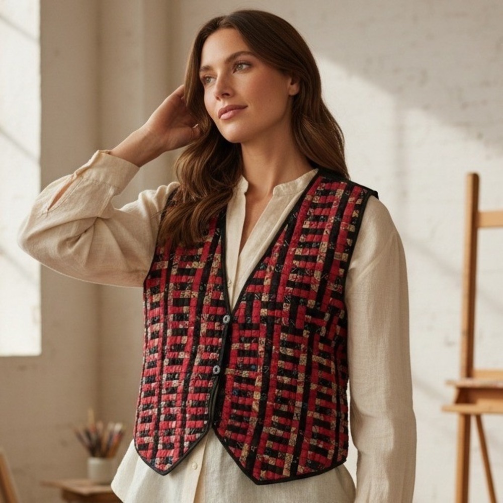 Vintage Patchwork Vest β Everett Collection Woven Red Black Paisley Cotton L